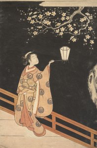 Žena obdivující švestkové květy v noci. od Suzuki Harunobu