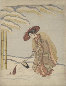 Žena kopající bambusové výhonky ve sněhu aneb Parodie na Meng Zong Moso, z 20. let..., ca. 1765. od Suzuki Harunobu