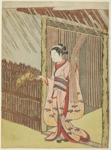 Žena držící větev Kerria Flowers in the Rain (parodie na Otu Dokana) od Suzuki Harunobu