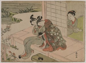 Žena sleduje mladý pár objetí na verandě, konec 1760. od Suzuki Harunobu
