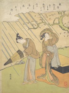Mladý muž a žena chyceni v dešti, když si užívali třešňové květy Sakura-gari..., ca. 1768-70. od Suzuki Harunobu
