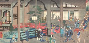 Interiér čajovny Gankiro v Jokohamě, duben 1861. od Suzuki Hiroshige