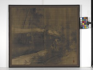 Tanuki Under A Bridge (inkoust na hedvábí s trochou pomeranče, zlata a stříbra) od Suzuki Shōnen