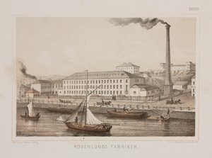 „Rosenlunds Fabriker“ (Rosenlunds Factory), Rosenlunds, Stockholm, Švédsko, kolem roku 1840 (barevné lito) od Swedish School