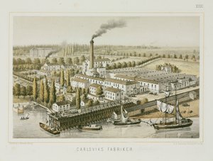 Textilní továrna, Carlsviks, Stockholm, Švédsko, kolem roku 1840 (barevné lito)