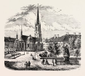 Kostel Riddarholmen, Riddarholmskyrka, Stockholm, Švédsko (rytina)