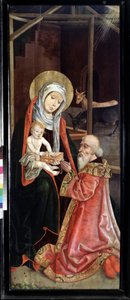 Klanění tří králů, panny a dítěte. Obraz švýcarského mistra (počátek 16. století). Olej na dřevě od Swiss School