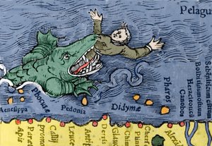 Mořská příšera jí člověka, ilustrace z 