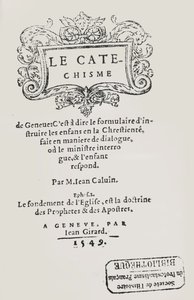 Titulní strana Katechismu Jana Kalvína, vydaného v Ženevě, 1549 od Swiss School