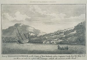 Kapitán Cook, který ztroskotal na své cestě kolem světa, nechal opravit Endeavour v přístavu na jednom z Hope Islands, kolem roku 1786 (rytina)