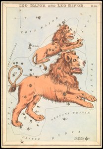 Leo Major a Leo Minor, asi 1825 (karta, papír, hedvábí ) od Sydney Hall