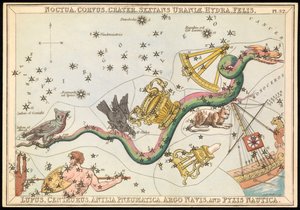 Noctua, Corvus, Crater, Sextans Uraniae, Hydra, Felis, Lupus, Centaurus, Antilia Pnuematica, Argo Navis a Pyix Nautica, asi 1825 (karta, papír, tkanivo) od Sydney Hall