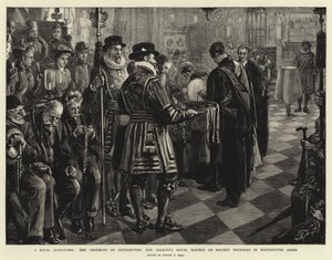 Královská almužna, obřad distribuce královské Maundy Jejího Veličenstva na Zelený čtvrtek ve Westminsterském opatství od Sydney Prior Hall
