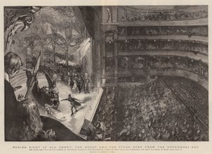 Boxerská noc na Old Drury, dům a jeviště při pohledu z nejvyššího boxu od Sydney Prior Hall