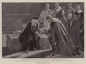 Lord Kitchener sedící ve Sněmovně lordů od Sydney Prior Hall
