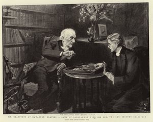 Pan Gladstone v Hawardenu při hře vrhcábů se svým synem, reverendem Stephenem Gladstonem. od Sydney Prior Hall