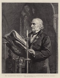 Pan Gladstone čte lekce ve farním kostele Hawarden