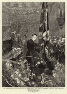Demonstrace irských loajalistů v Albert Hall, vévoda z Abercornu zasazující Union Jack od Sydney Prior Hall