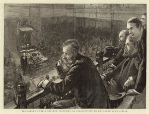 Peers ve své galerii sledují přerušení projevu pana Gladstonea od Sydney Prior Hall