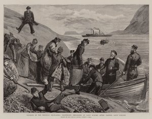Turisté v západní vysočině, cestující nalodění u jezera Loch Scavaig po návštěvě jezera Loch Coruisk od Sydney Prior Hall