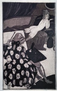 Erotika: Giacomo Casanova (1725-1798) zobrazující svou protáhlou milenku liknavě nahou na pohovce (lept)