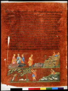 Celá strana: text a miniatura: Laban předává černé ovce svým synům (miniatura) od Syrian School