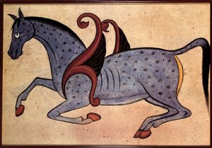 Syrské umění: koňské křídlo identifikováno jako Salsaiel (kosmologický rukopis)