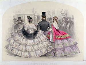 Dámy v krinolínách v Královské italské opeře, Covent Garden, 1859 (barevná rytina) od T. H. Guerin