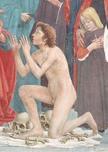 Detail vzkříšeného dítěte ze Vzkříšení Theophilova syna a svatého Petra intronizovaného jako prvního biskupa Antiochie, kolem roku 1427 a kolem roku 1484-85 (detail roku 63302)