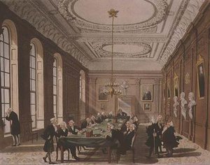 College of Physicians z Ackermannova „Microcosm of London“ (barevná rytina) od T. and Pugin A.C. Rowlandson