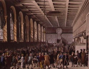 Custom House, The Long Room z Ackermannova „Microcosmos of London“ od T. and Pugin A.C. Rowlandson