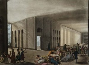 Nemocnice sv. Lukáše pro šílence, z Ackermannova „Microcosm of London“, kolem roku 1800 (barevná rytina)
