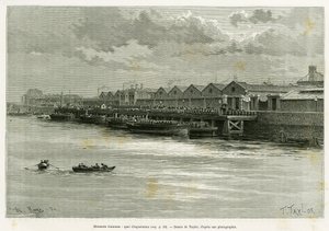 Pivovar Guinness, exportní přístaviště. Rytina od Taylora pro ilustraci příběhu Tři měsíce v Irsku, v roce 1889, Marie Anne de Bovet, in le tour du monde 1890, režie Edouard Charton (1807-1890), Hachette, Paříž.