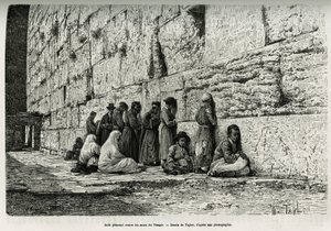 Židé plačící proti stěnám chrámu (zeď nářků). Rytina od Taylora, pro ilustraci La Syria d