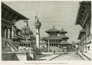 Místo královského paláce Patan (současnost Lalitpur). Rytina od Taylora k ilustraci příběhu Voyage au Nepal, Dr. Gustave Le Bon (1841-1931), in le tour du monde 1886, režie Edouard Charton (1807-1890), Hachette, Paříž.