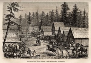 Stanice Cisco, Count of Placer (Nevada), kam lze jet rychlovlakem Pacific Railway (Pacific Railway), vyryto podle Taylorova nákresu, znázorňujícího cestu z Washingtonu do San Francisca v roce 1868, L. Simonin, vyd. v "L