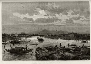 Pohled na Hue (Vietnam), s popisem plavby na řece Song Huong a Pagoda Thien Mu, za obvodovými zdmi. Rytina od Taylora pro ilustraci příběhu „“ Trente mois au Tonkin““ od Dr. Charlese Edouarda Hocquarda (1853-1911), v roce 1885, v