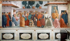 Vzkříšení syna Theophila, krále Antiochie, a svatého Petra intronizovaného jako prvního biskupa Antiochie, kolem roku 1427 a kolem roku 1480 (freska) od T. Masaccio, F. Lippi