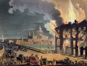 Požár v Albion Mill, Blackfriars Bridge, z Ackermannova „Microcosm of London“ kolem roku 1808-11 (akvatinta)