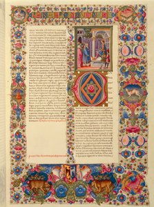 Itálie, incipit druhé knihy kronik nebo miniatura Paralipomenona II z latinské Bible Borso d