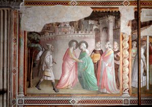 Život Panny Marie: setkání Joachima a Anny u zlaté brány (freska, kolem 1327)