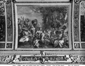 Scéna s nymfami, detail ze stropu hodovní místnosti, Villa Giulia, Řím (freska)