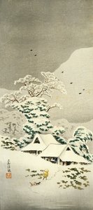 Scéna ve sněhu v Sawatari v Joshu District, cca 1930, od Takahashi Shotei (1871-1945), dřevoryt ve tvaru o-tanzaku, 38,1 x 17,1 cm, japonská civilizace, období Meiji-Showa od Takahashi Shotei