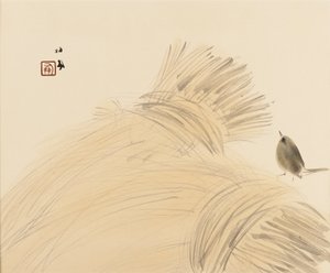 Woodblock print - Wren on corn stook, konec 19.-začátek 20. století od Takeuchi Seiko