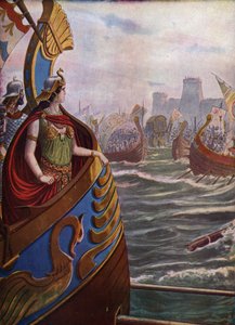 Starověká římská občanská válka: Egyptská královna Kleopatra VII Thea Philopator (69-30 př. n. l.) v bitvě u Actia v Ambrackém zálivu dne 2. září 31 př. n. l. proti flotile Octave of Actium, od Tancredi Scarpelli