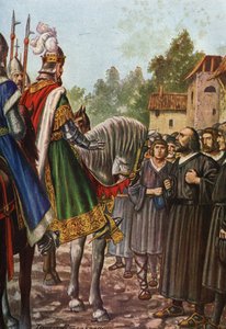 Císař Frederic I. Barberossa (1122-1190) na své druhé cestě do Itálie v roce 1158 míjí řeku Adda a setkává se s lidmi z Lodi, kteří ho prosí, aby získal jejich území zpět. Tancredi Scarpelli (1866-1937) z „Storia d