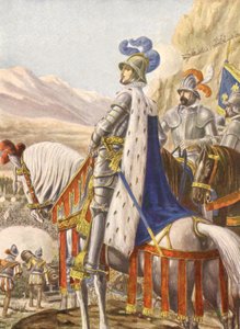 Francois 1. francouzský během bitvy u Marignanu v roce 1515, ilustrace, 30. léta 20. století od Tancredi Scarpelli