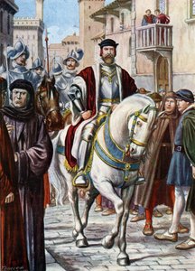 Portrét Cosima (Come) I. z Toskánska (Cosimo de Medici) (1519-1574), obíhající ulicemi Florencie, obklopený členy své milice složené ze španělských a německých vojáků (Portrét Cosima I. de Medici, velkovévody toskánského , chráněný od Tancredi Scarpelli