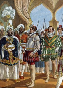 Portugalský mořeplavec Pedro Alvares Cabral (1460-1526) na dvoře krále (Zamorina) z Calicut (Kozhikode) dne 13. 9. 1500 vyjednat zřízení pultu, Indie (portugalský mořeplavec Pedro Alvares Cabral vyjednávající se Zamorinem v r. Cali od Tancredi Scarpelli