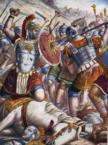 Římský starověk: Římský generál Lucullus (115-67 př.nl) dobyl Tigrane II a pontské a arménské armády a zmocnil se Tigranocerte (Tigranokert nebo Tigranocerta), kterou vyplenil, Arménie, 6. října 69 př.nl (Východní války: římský generál Lucullus během od Tancredi Scarpelli